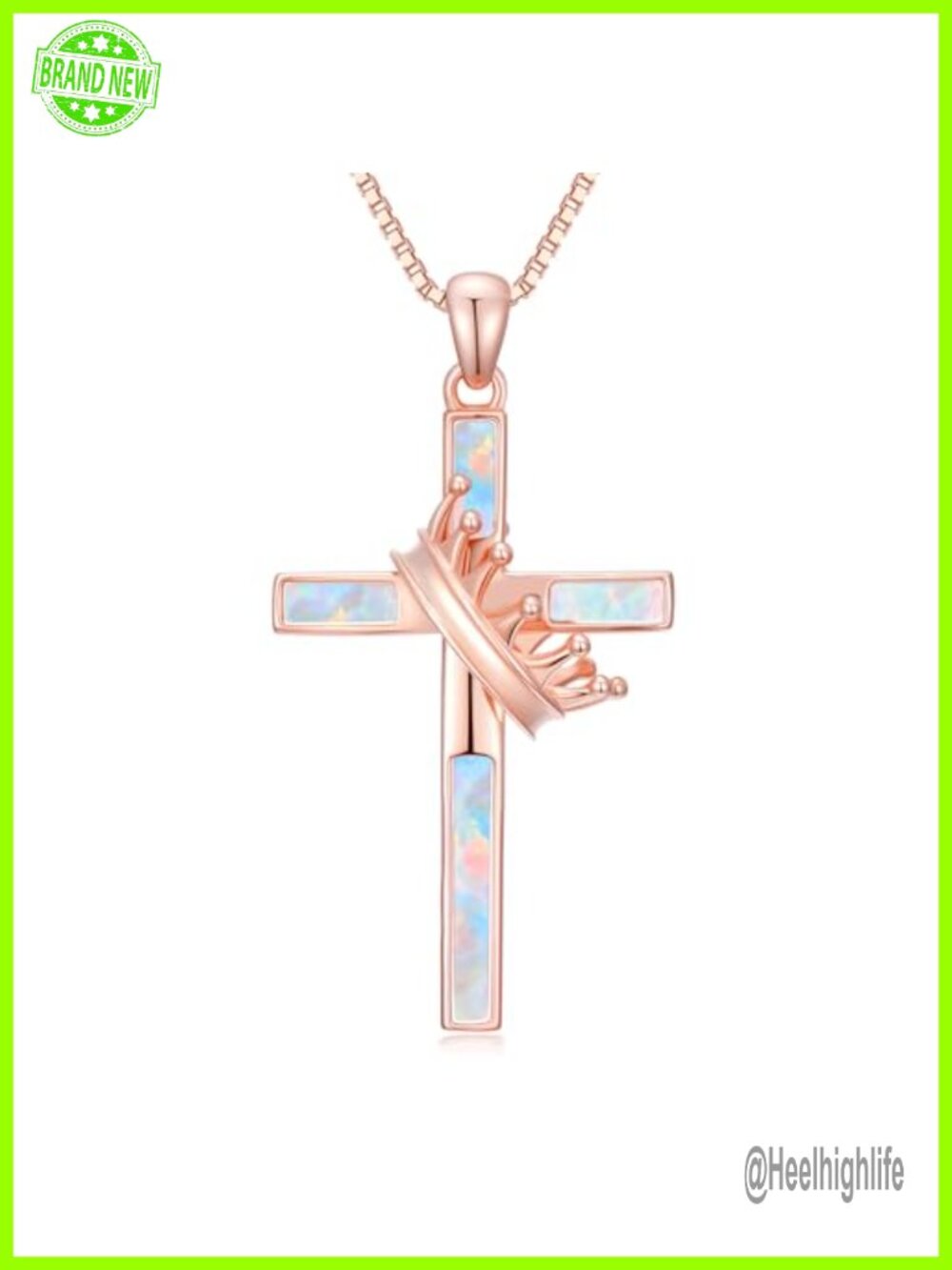 Rose Gold Tone Cross Pendant Necklace Simulated Opal Hypoallergenic